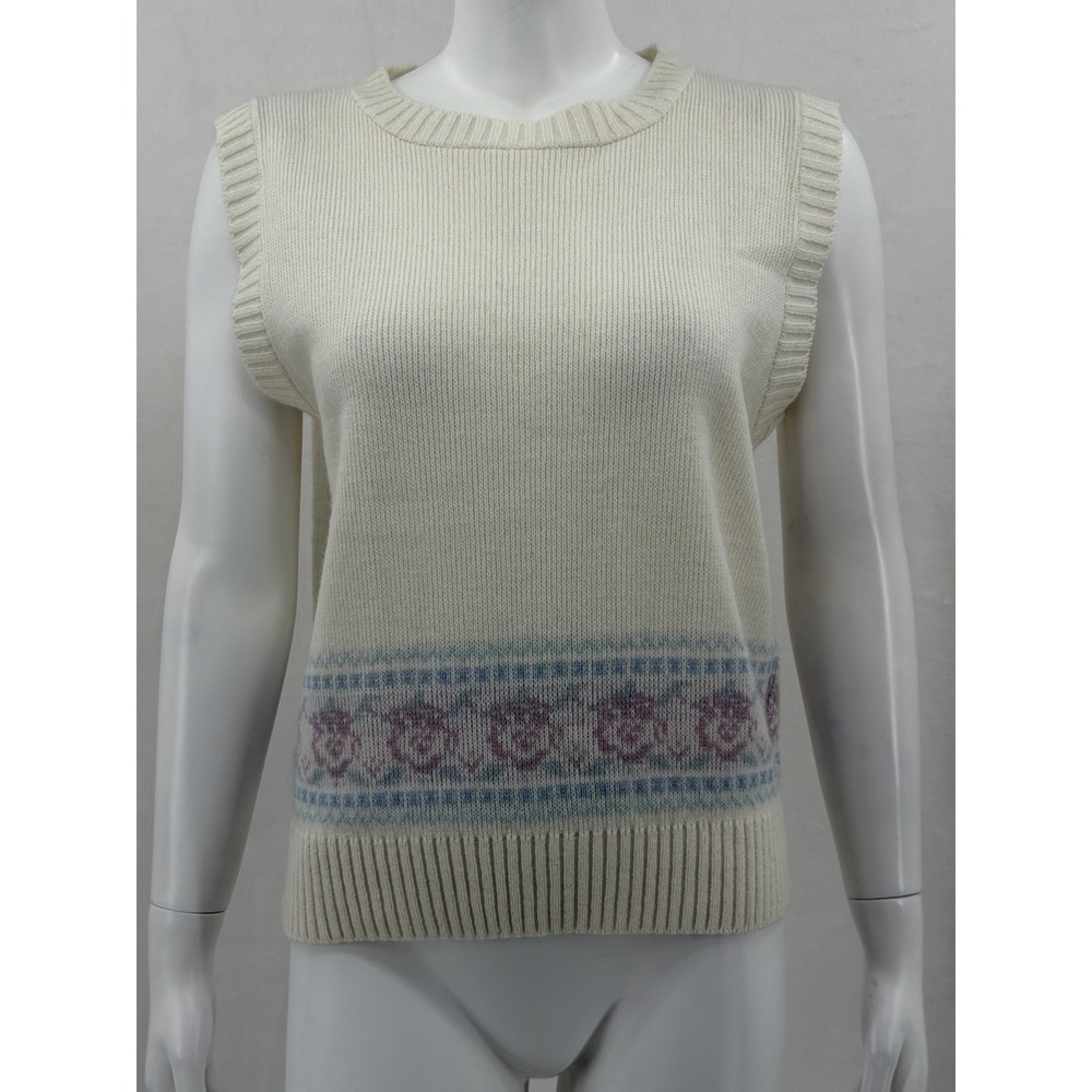 Jonathan Logan Sweater Womens Medium Cream Floral Knit Vest Fair Isle Grandma